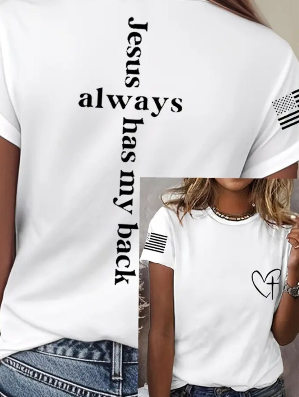 White Christian Cross Graphic Tee - 'Jesus Always Has My Back'/ New